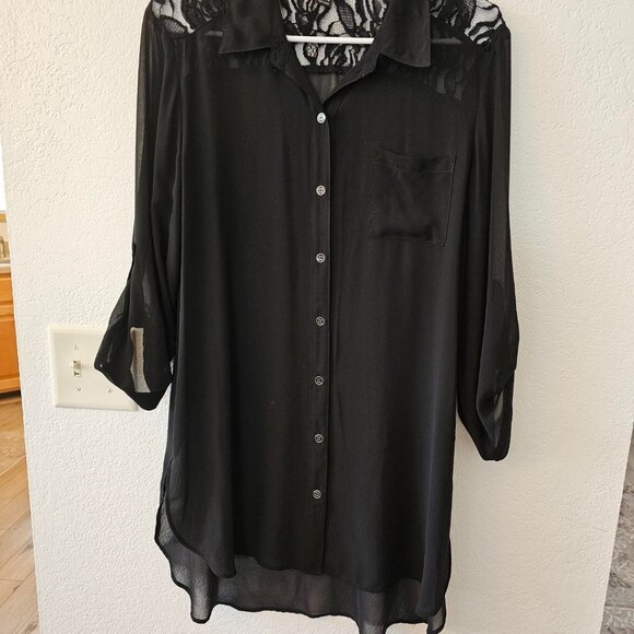 A. Byer Black Women's Size XL Button Top with Lace Detail 3/4 Sleeve - Picture 3 of 6